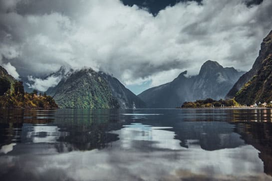 Milford Sound Fjord and mountains on a cloudy day